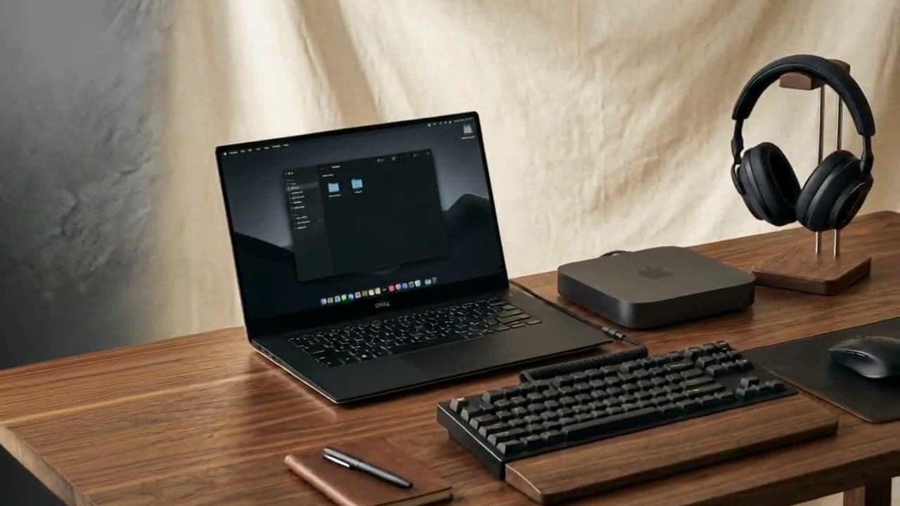 Laptop and premium accessories on a walnut desk